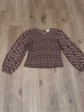 EVEREVE Floral Smocked Top XL Rust Burgundy Brown Long Sleeve Boho